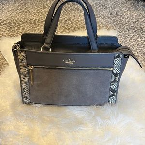 Kate Spade gray leather and suede handbag with snake print and gold hardware